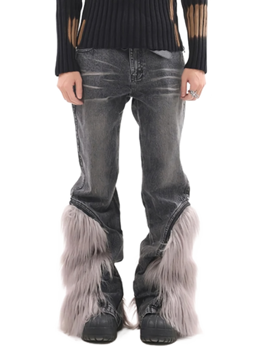 'Yeti' Fur Trimmed Bootcut Gray Denim Jeans