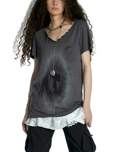 'Portal' Distressed Cotton Tee with Lace Patchwork