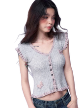 Load image into Gallery viewer, Butterfly Embellished Short Sleeve Knit Blouse