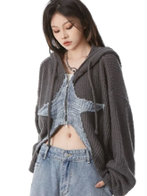 Load image into Gallery viewer, Cropped Charcoal Knit Hoodie with Star Motif