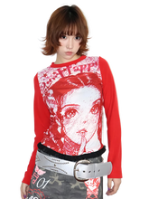 Load image into Gallery viewer, Portrait Print Red Raglan Long Sleeve Tee