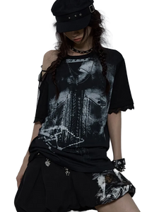 'Eldritch' Abstract Off Shoulder Lace Accent T-Shirt