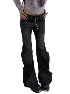 Studded Wide-Leg Black Denim Jeans