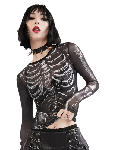 Skeletal Sheer Mesh Long Sleeve Tee