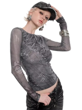 Load image into Gallery viewer, Denim-Print Sheer Mesh Long Sleeve Tee