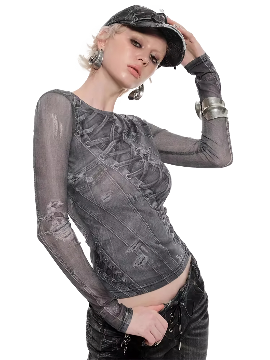 Denim-Print Sheer Mesh Long Sleeve Tee