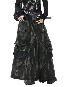 'Outcast' Rugged Black Denim Cargo Maxi Skirt
