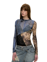 Load image into Gallery viewer, 'Runes' Plaid Patchwork Stretch-Mesh Long Sleeve Top