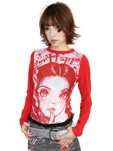 Load image into Gallery viewer, Portrait Print Red Raglan Long Sleeve Tee