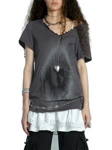 'Portal' Distressed Cotton Tee with Lace Patchwork