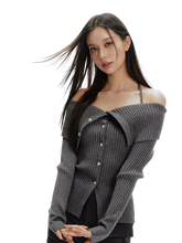 Load image into Gallery viewer, Off-Shoulder Ribbed Knit Cardigan