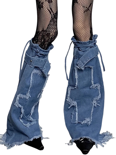 Cross Stitch Distressed Blue Denim Leg Warmers