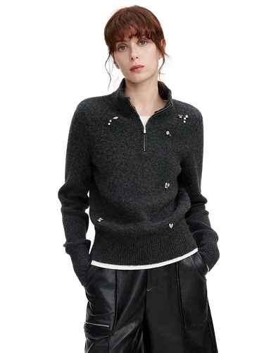Rhinestone Embellished Quarter-Zip Knit Sweater