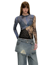 Load image into Gallery viewer, 'Runes' Plaid Patchwork Stretch-Mesh Long Sleeve Top