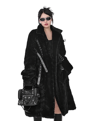 'Raven' Black Fur Coat with Adjustable Strap Closure