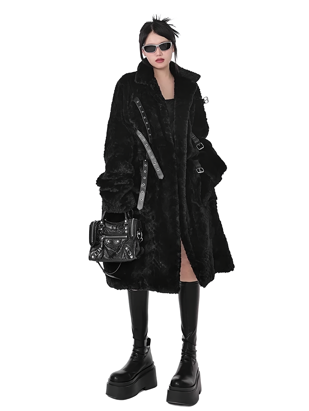 'Raven' Black Fur Coat with Adjustable Strap Closure