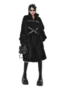 'Raven' Black Fur Coat with Adjustable Strap Closure