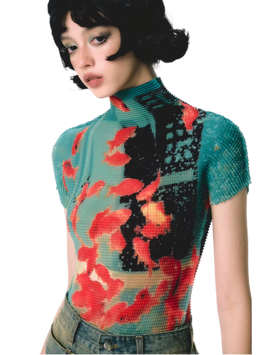 Pixel Koi Textured-Stretch Short Sleeve Tee