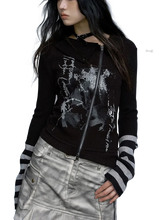 Load image into Gallery viewer, Cross Zip Knit Cardigan with Gothic Print