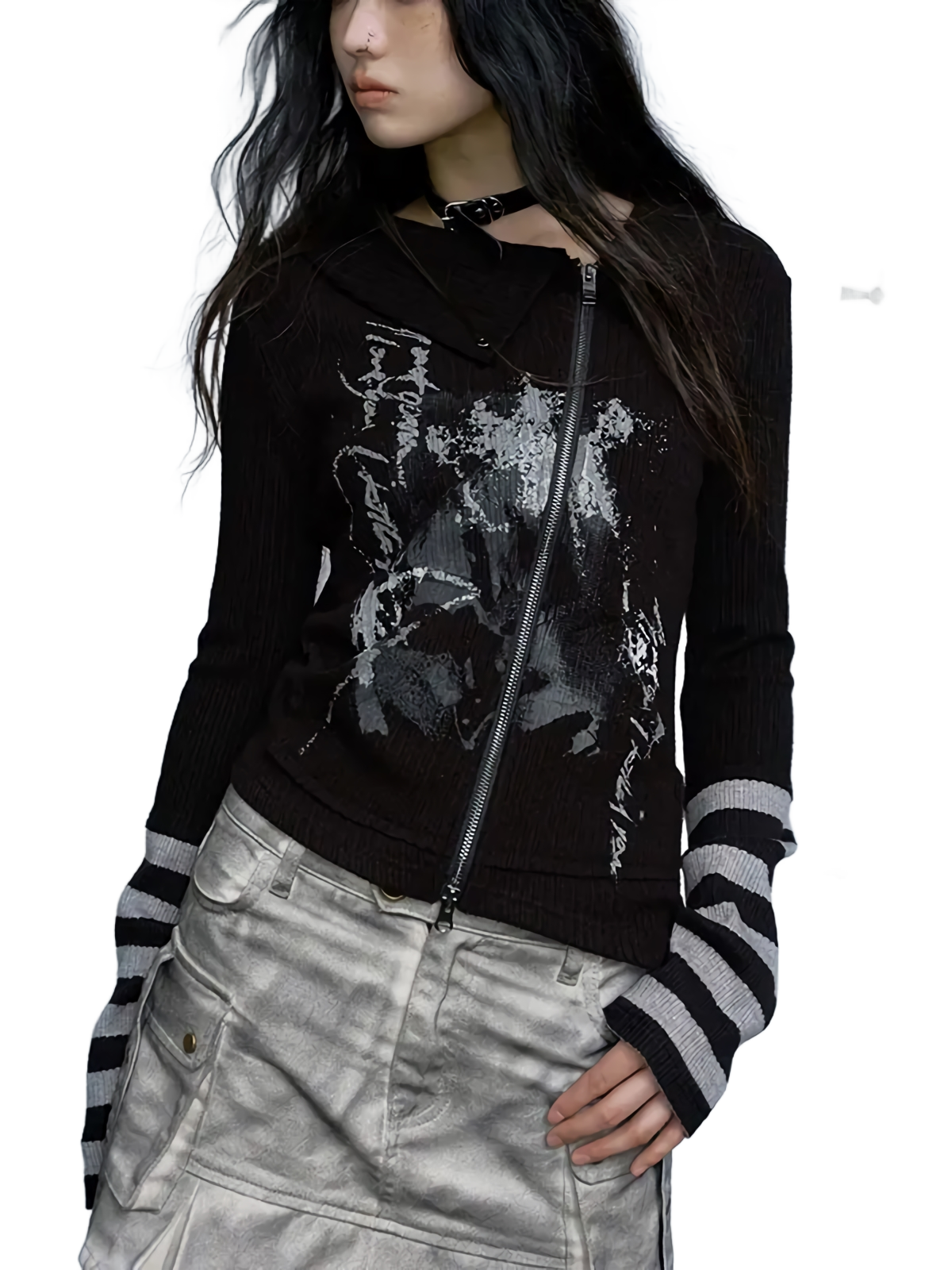 Cross Zip Knit Cardigan with Gothic Print | DYSTOPIɅN