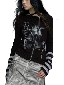 Cross Zip Knit Cardigan with Gothic Print