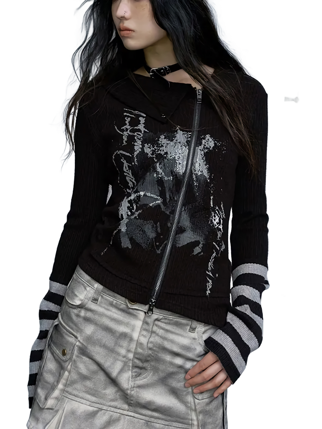 Cross Zip Knit Cardigan with Gothic Print | DYSTOPIɅN