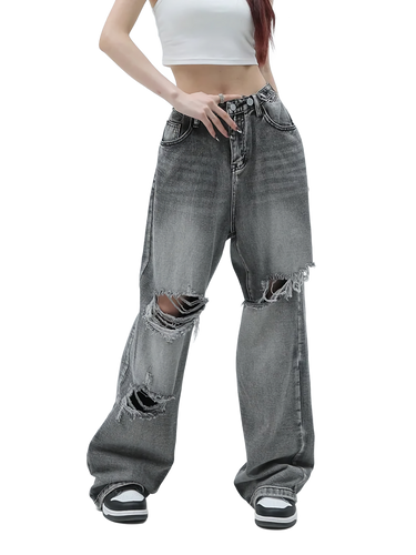 Distressed Gray Wash Baggy Denim Jeans