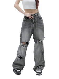 Distressed Gray Wash Baggy Denim Jeans