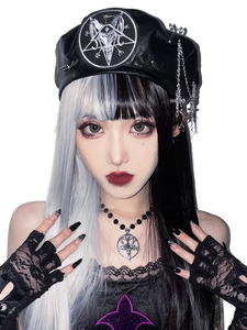 Punk Beret with Metal Chain and Cross Detail