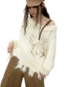 Fairy Core Distressed Off Shoulder Knit Sweater