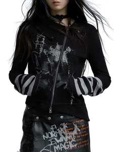 Cross Zip Knit Cardigan with Gothic Print