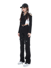 Load image into Gallery viewer, Strapped Flare Leg Black Denim Jeans